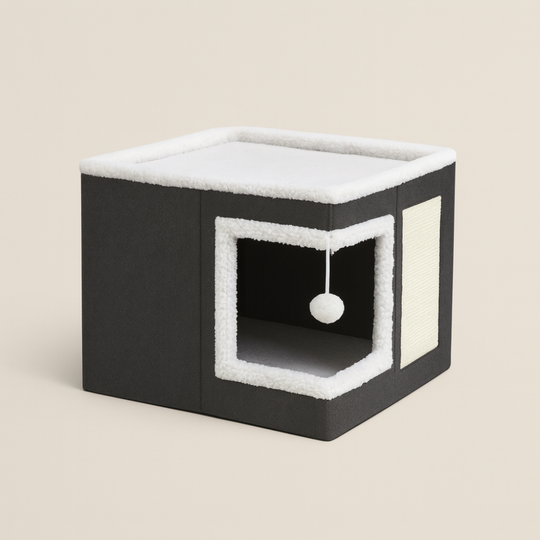 Maison Pliable pour Chat d’Intérieur – Lit Grotte avec Cube Caché, Coussin Réversible et Anti-Rayures