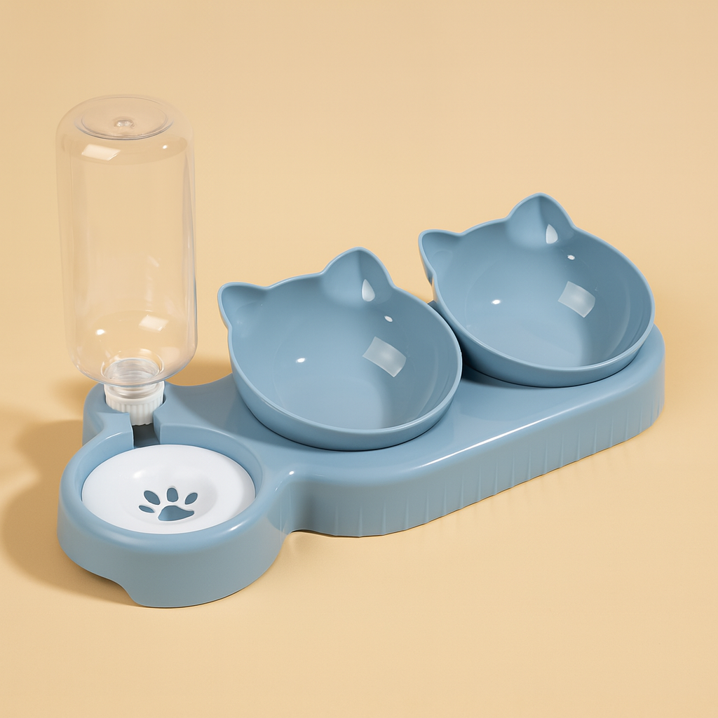 Bols 3 en 1 pour Animaux – Gamelle Inclinée avec Distributeur d’Eau par Gravité, Protection du Cou pour Chats et Chiens - Mino Paws
