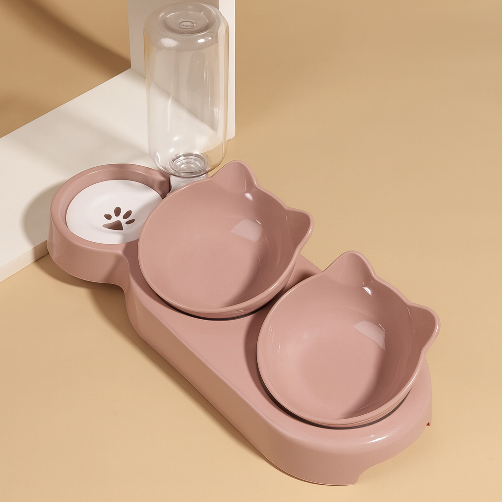 Bols 3 en 1 pour Animaux – Gamelle Inclinée avec Distributeur d’Eau par Gravité, Protection du Cou pour Chats et Chiens - Mino Paws